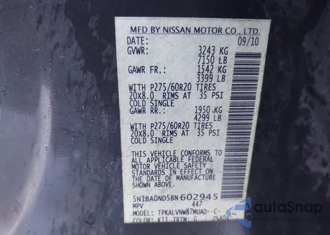 2011 Nissan Armada Sv из США, поврежденный, VIN 5N1BA0ND5BN602945